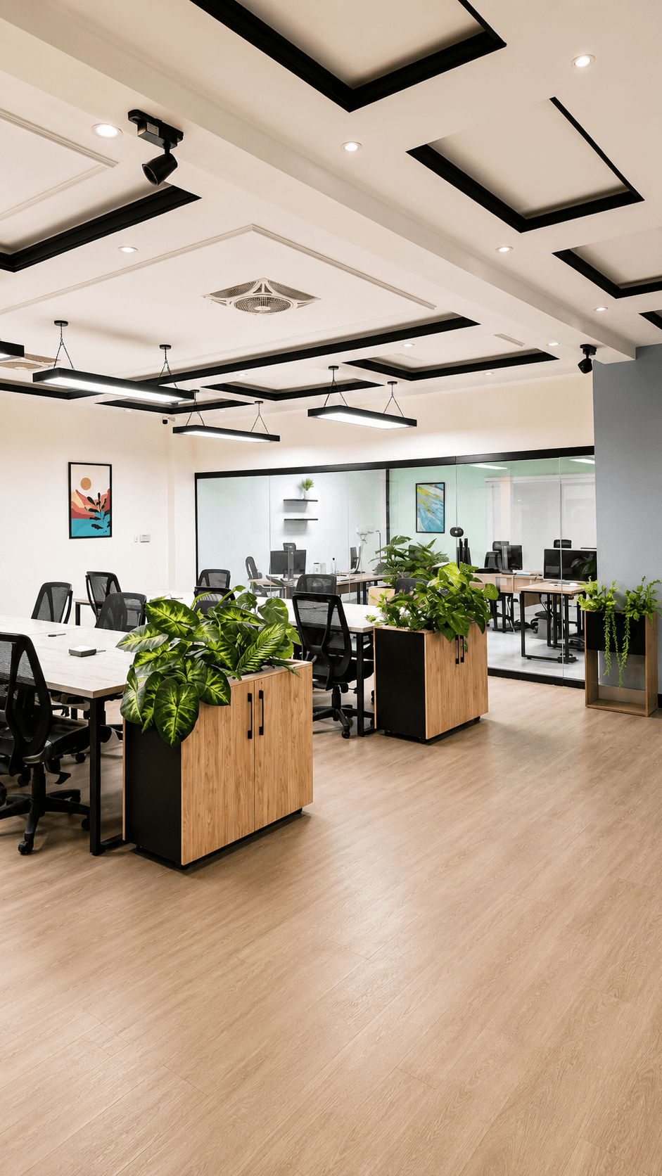 The open workspace floor at The Worklane, with glass-walled meeting rooms beyond